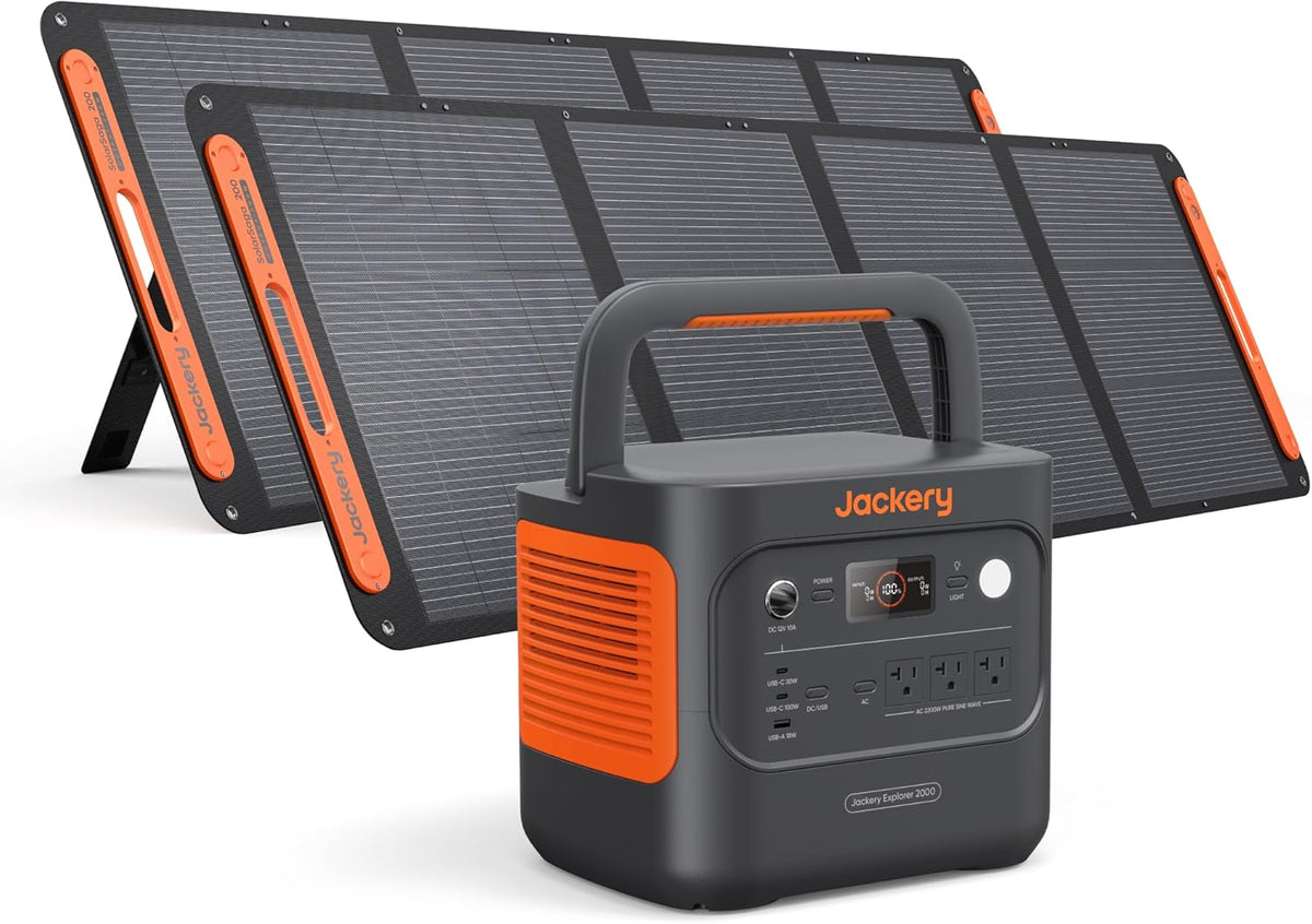 Jackery Solar Generator 2000 v2 with 2x200W Solar Panels, 2042Wh/2200W LiFePo4 Portable Power Station, 20ms UPS Home Backup, USB-C PD 100W Fast Charging for Power Outages, Emergencies, Camping & RVing