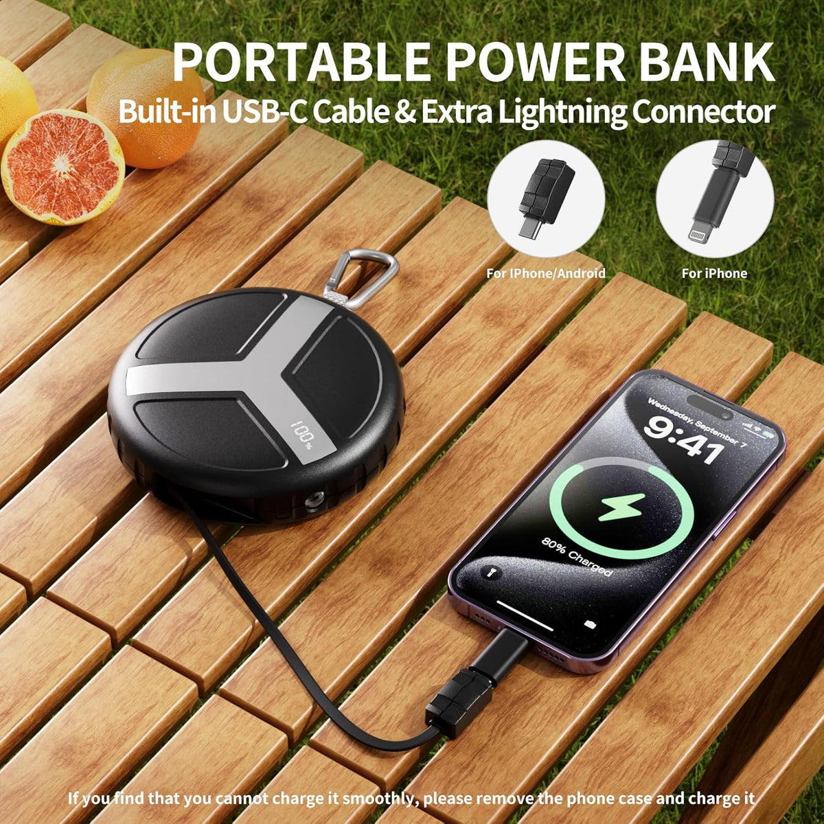 Vivilumens Retractable Power Bank Outdoor Portable 10000mAh Cell Phone Fast Charging Wearable Compact Battery Pack with 25.5 inch Built-in USB C Cable Compatible Iphone Lighting Function for Traveling