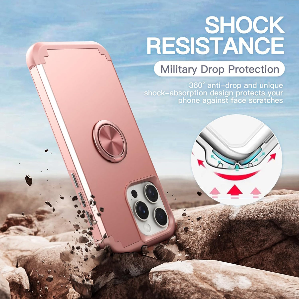 IDweel iPhone 14 Pro Max Case - Rose Gold, 2-in-1 Shockproof, Screen Protector, 360° Ring Holder, Camera Lens Protector.