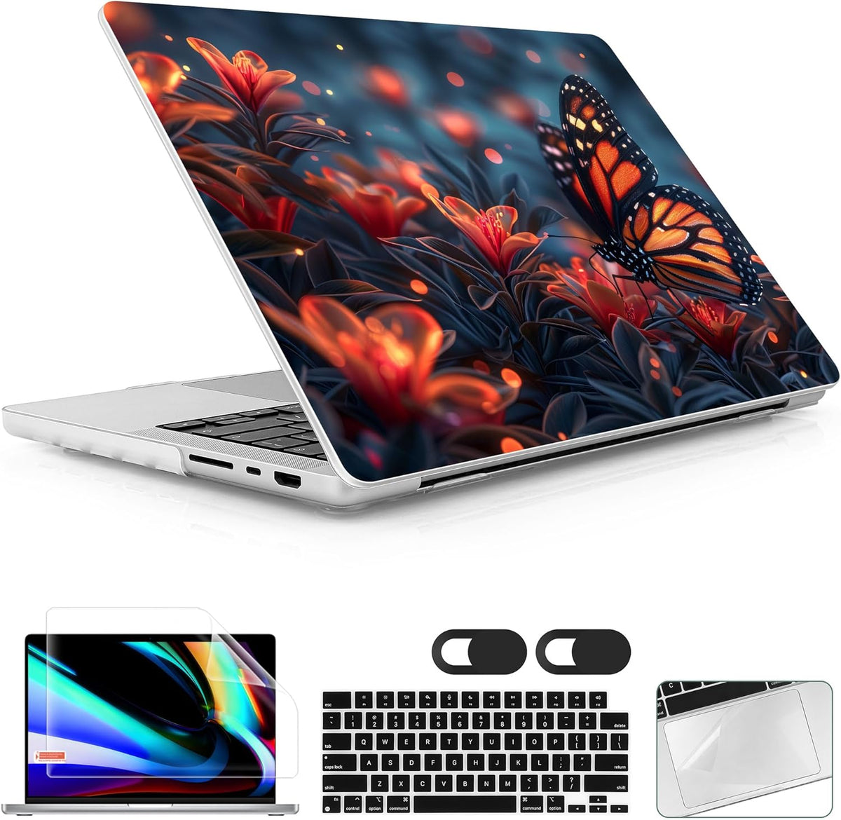 for MacBook Pro 16 inch Case 2021 2022 2023 2024 Release A3186 A3403 M4 A2991 M3 A2780 M2 A2485 M1 Pro/Max, Hard Shell Case with Screen Protector & Keyboard Cover, Butterflies Flowers