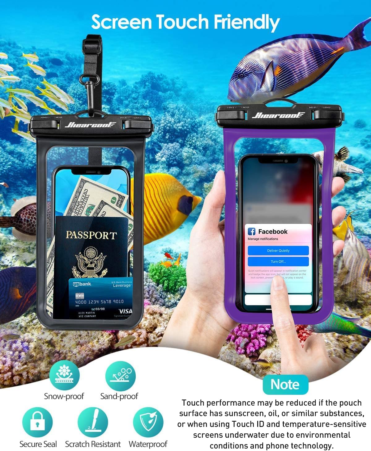 Hiearcool Universal Waterproof Phone Pouch Compatible for iPhone 16 15 14 13 Pro Max Plus Up to 8.3", IPX8 Beach Travel Essentials-Black&Purple-2Pack