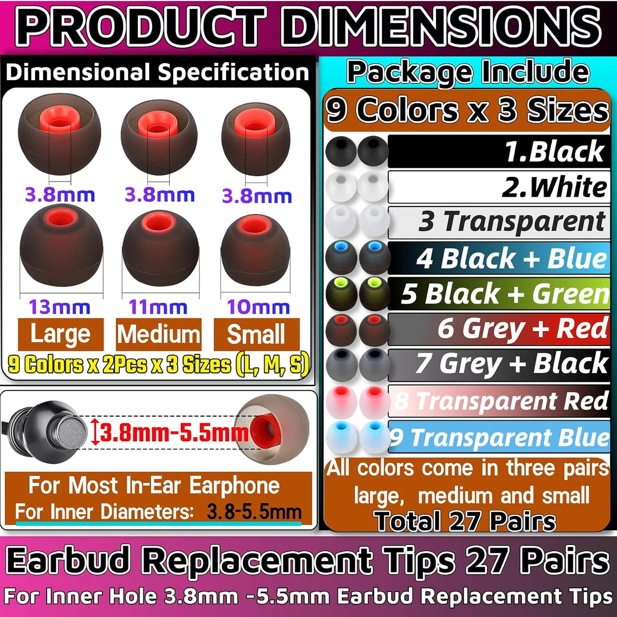 HUGJEPTTY 54Pcs 3.8mm -5.1mm) Earbud Replacement Tips S+M+LEar Bud Rubber Tips Silicone Earbud Tips Earbud Covers