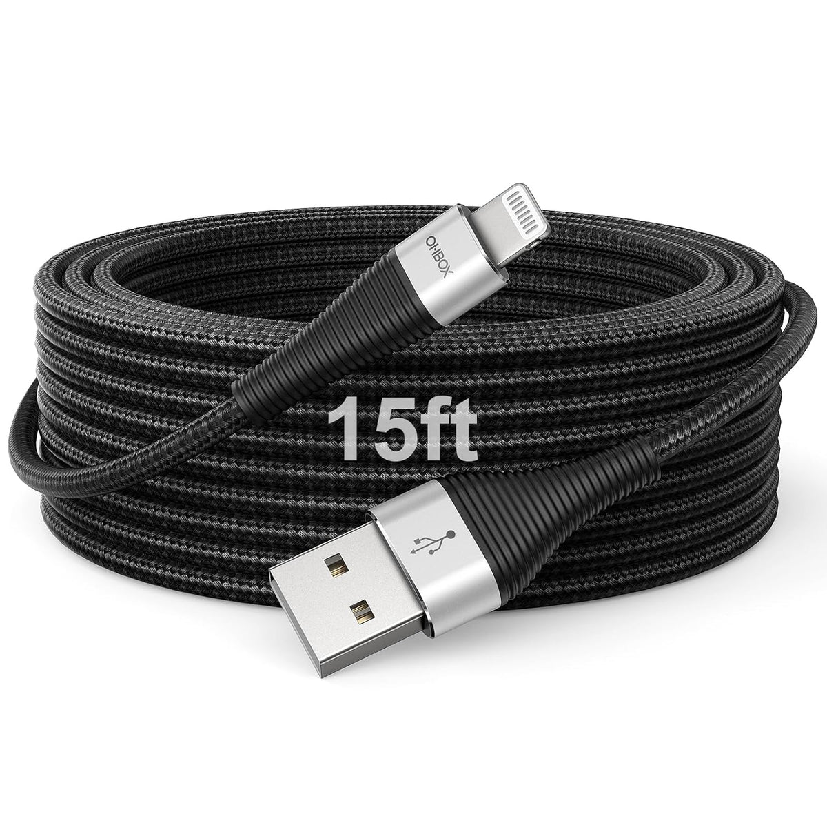 Extra Long iPhone Charger Cord 15FT [Apple MFi Certified] USB A to Lightning Cable Braided Fast Charging Cord Compatible with iPhone 14 Pro Max/Plus/13/12/11/X/XR/XS/SE/8/7/6/5/iPad - Black