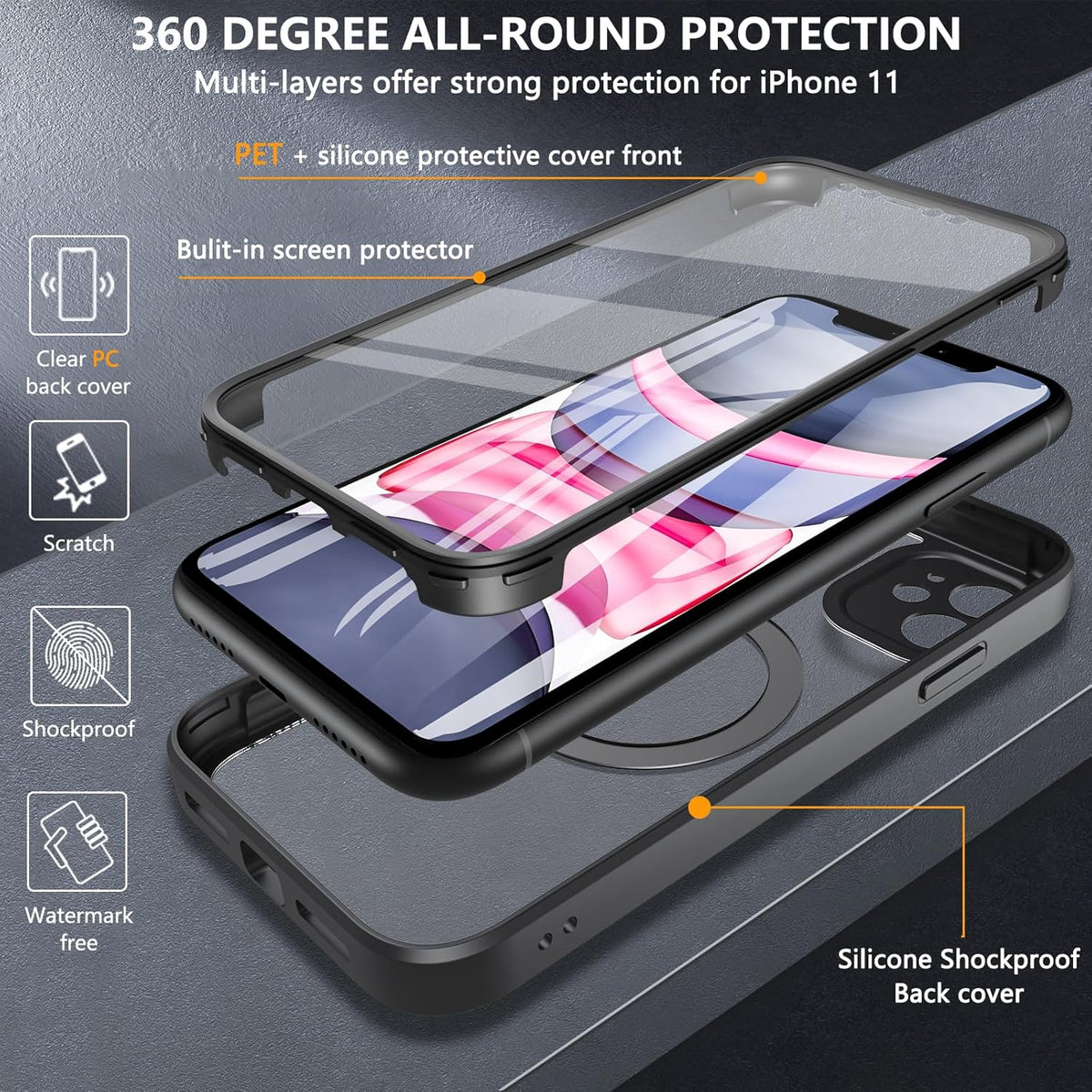 BESINPO iPhone 11 Magnetic Case, 360 Full-Body Shockproof, Built-in Screen Protector, MagSafe Compatible, Black, 6.1"