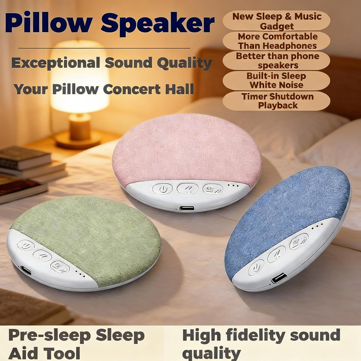 Generic Immersive Ultra-Slim Bluetooth Pillow Speaker for Sleeping, Ultra-Thin Bluetooth Sleep Aid Speaker with White