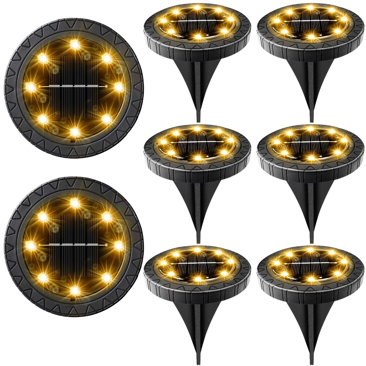Solar Powered 8 Pack Outdoor LED Disk Lights - IP68 Waterproof, Non-Slip, Wear-Resistant Pathway Lights (Warm White)