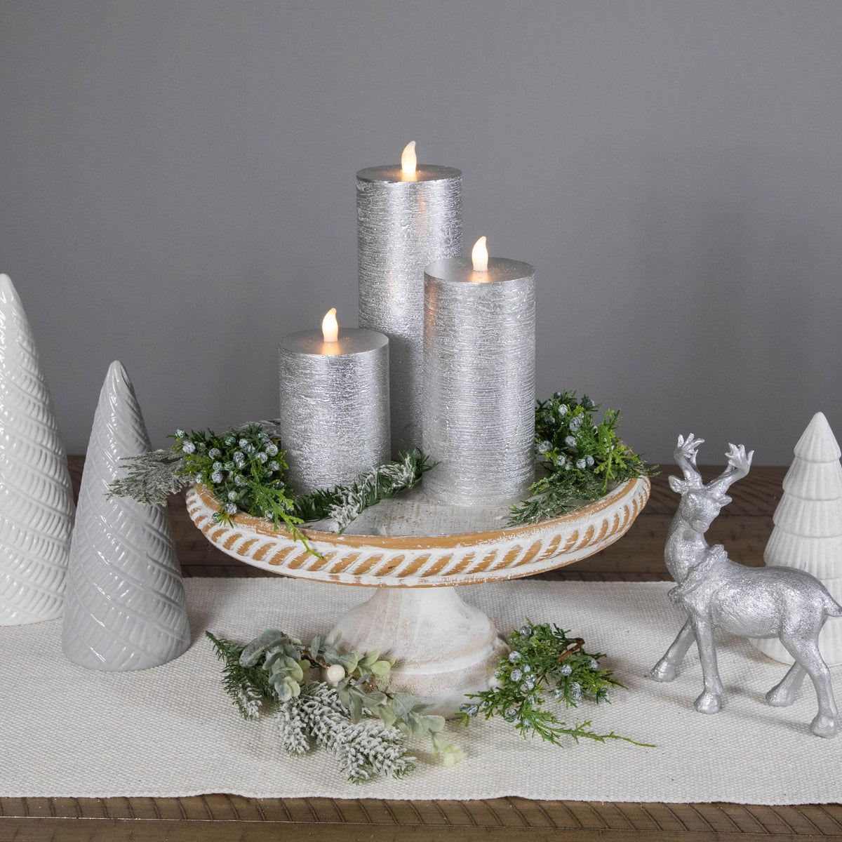 Northlight Flameless Flickering LED Wax Pillar Candles - 8" - Brushed Silver - Set of 3
