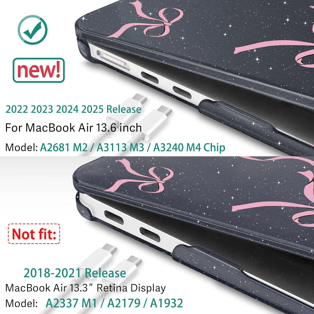 May Chen for MacBook Air 13.6 inch Case A3240 M4 A3113 M3 A2681 M2 with Retina Dispaly, 2025 2024 2023 2022 Release, Plastic Hard Shell Case with Screen Protector & Keyboard Cover, Black Glitter Bow