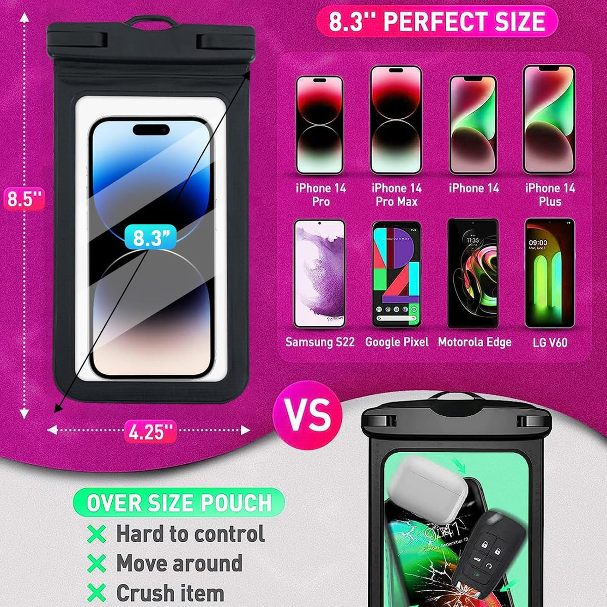 Waterproof Phone Pouch Floating, Transparent PVC Phone Case, 2 Pack Protector for iPhone 15 14 13 12 11 Pro Max Plus XS
