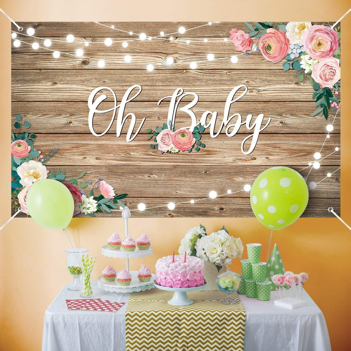 Rustic Wood Baby Shower Backdrop Banner Oh Baby Floral Decorations for Girls and Boys Birthday Party Supplies