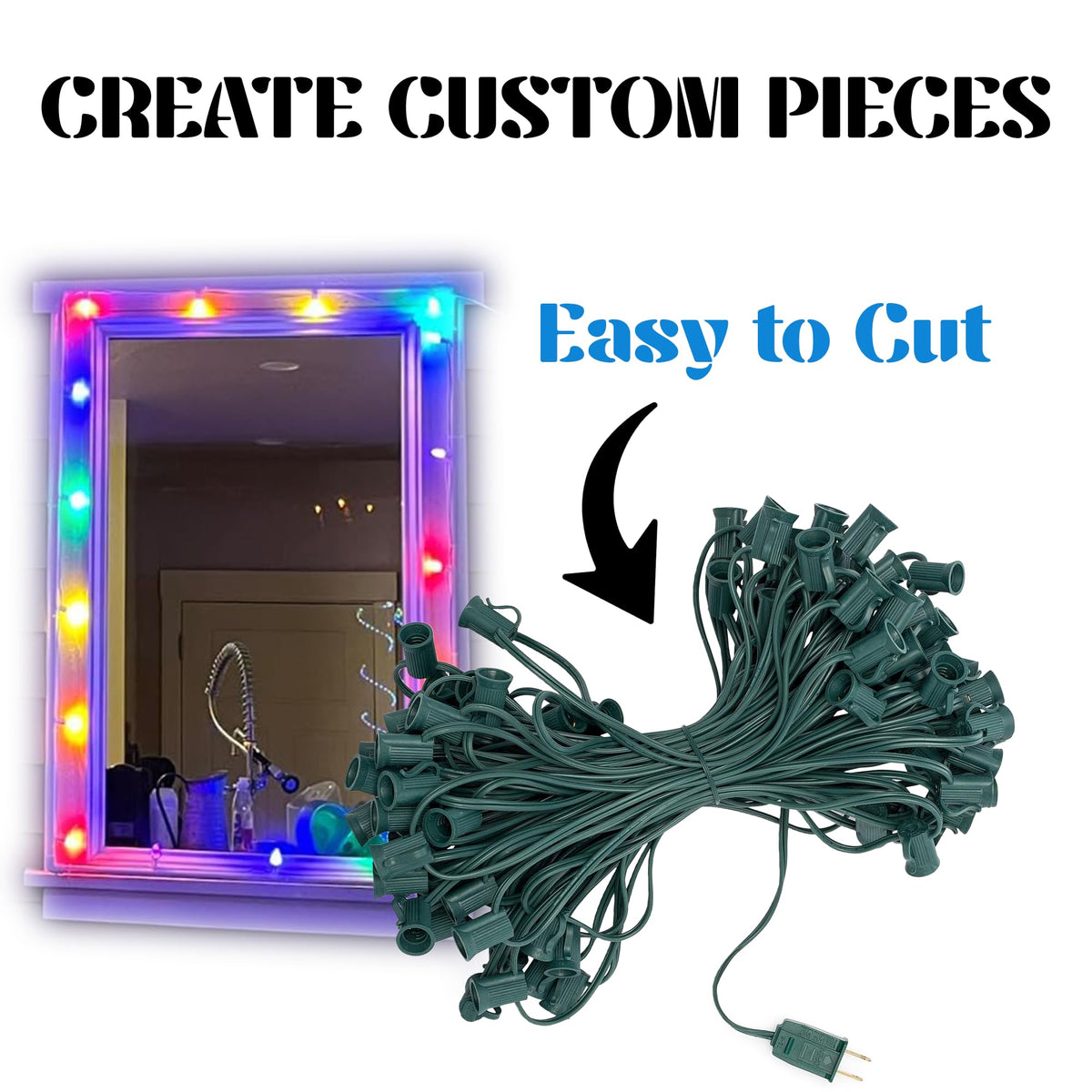 HLO Lighting C7 Light Strings | 25' Green Cord with 12" Socket Spacing, E12 Christmas Light Stringer