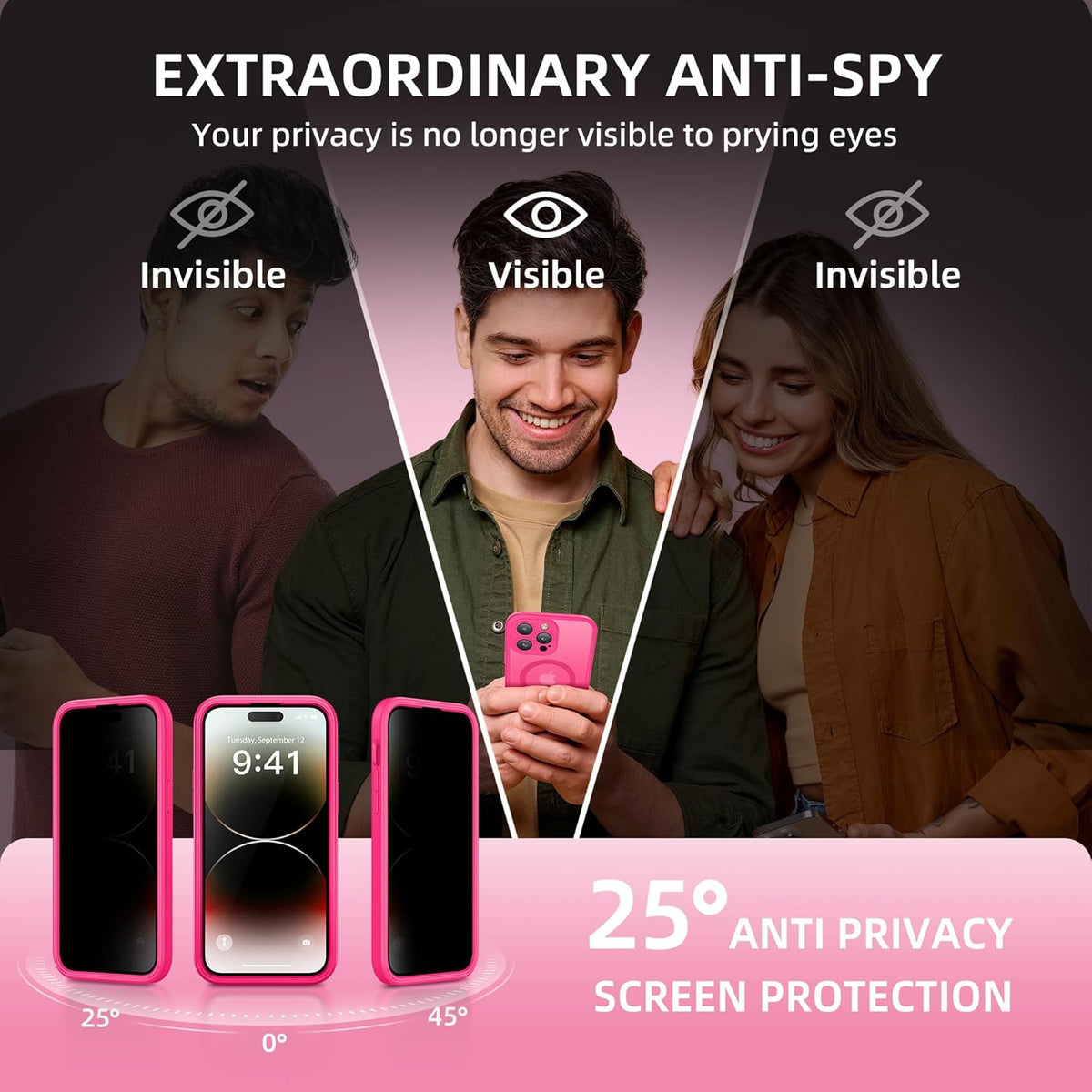 BERFY Magnetic for iPhone 14 Pro Max Case,Compatible with MagSafe,Built-in Privacy Screen Protector and Upgraded Camera Protection,Anti-Spy Full Body Shockproof Phone Case for 14 Pro Max 6.7",Hot Pink