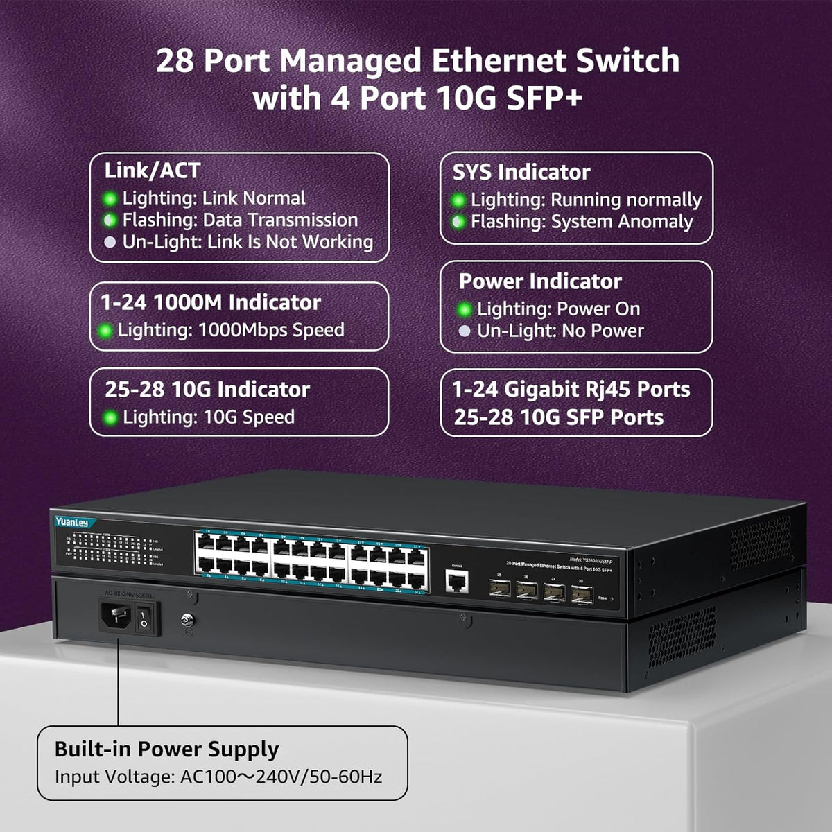 YuanLey 28 Port Gigabit Managed PoE Switch with 24 10/100/1000Mbps PoE+ Ports, 4X 10Gbps SFP+, L3 Smart Managment Ethernet Switch, VLAN, QoS, ACL, SSL, Fanless, Rackmount Network Switch