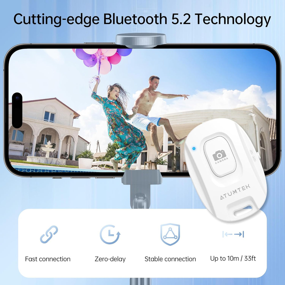 ATUMTEK Camera Remote Shutter for iPhone and Android Smartphones (2 Pack), Wireless Phone Remote Control Selfie Button for Photos and Videos (Bluetooth 5.2), Wrist Strap Included, White