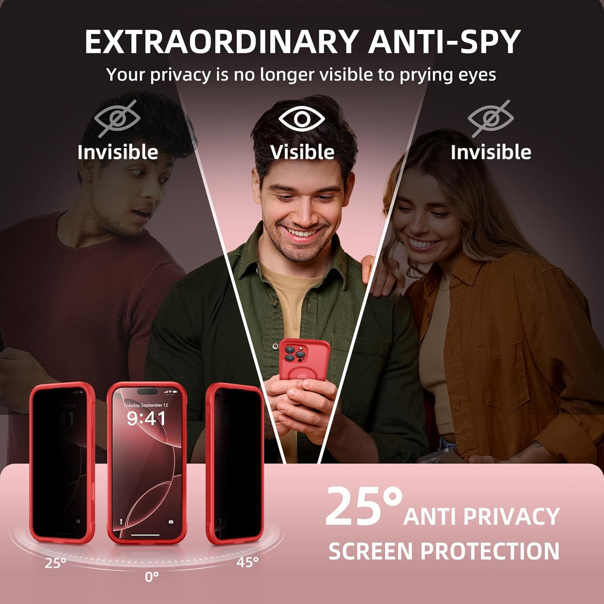 BERFY Magnetic for iPhone 16 Pro Max Case, Compatible with MagSafe, Built-in Privacy Screen Protector and Upgraded Camera Protection, Anti-Spy Full Body Shockproof Phone Case for 16 Pro Max 6.9", Red
