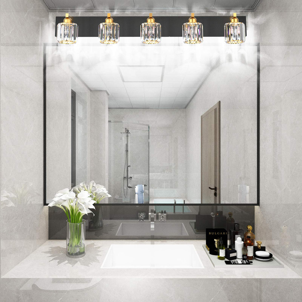 Aipsun Crystal Bathroom Vanity Light Black Vanity Lighting fixtures 5 Lights Crystal Vanity Light for Bathroom(Exclude Bulb)