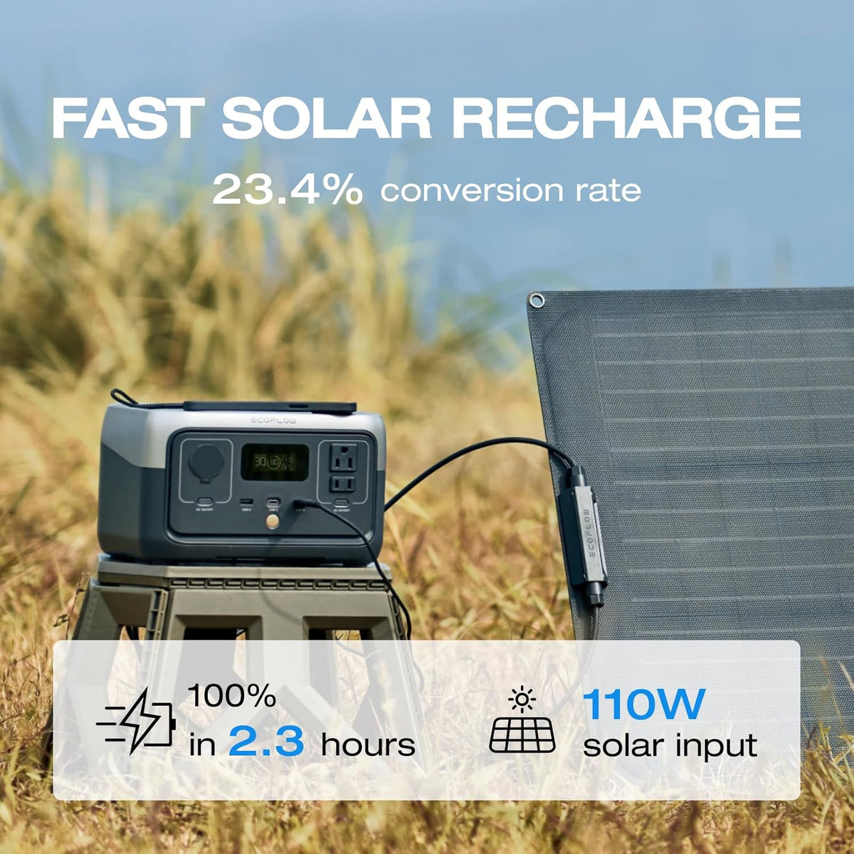 EF ECOFLOW Portable Power Station RIVER 2, 256Wh LiFePO4 Battery/ 1 Hour Fast Charging, 2 Up to 600W AC Outlets, Solar Generator (Solar Panel Optional) for Outdoor Camping/RVs/Home Use
