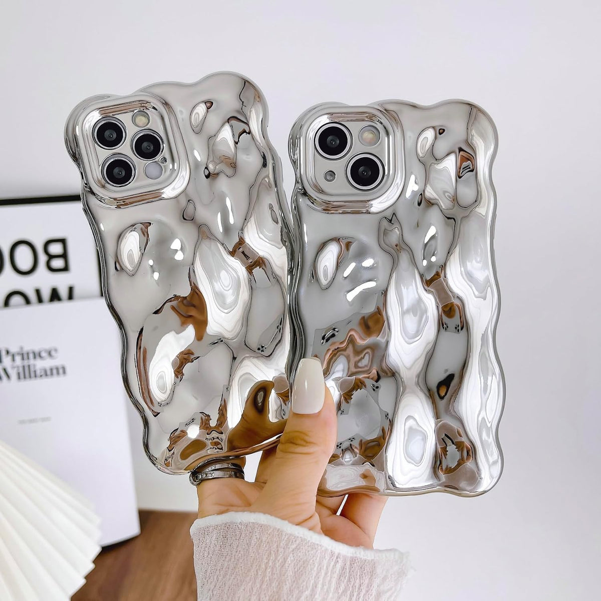 Case for iPhone 14 Pro Max, 3D Wave Bubble Shape Ripple Chrome Pattern Soft Bumper Glitter Shiny Cover (Silver)