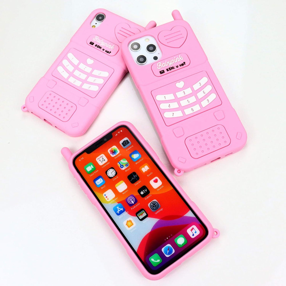 3D Cartoon Retro Love Heart Case for iPhone 12 Pro Max, Soft Silicone Rubber Cover, Pink