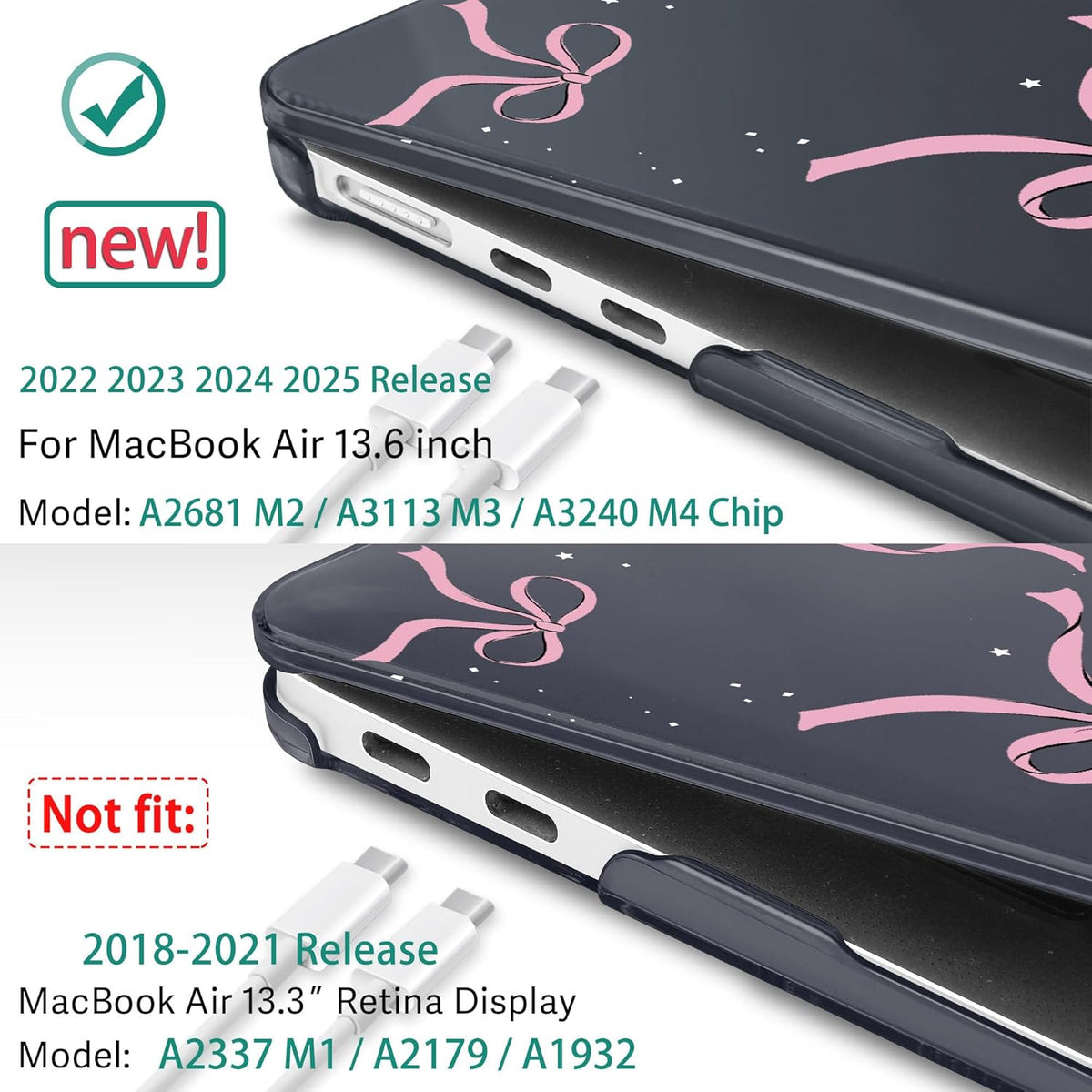 May Chen for MacBook Air 13.6 inch Case A3240 M4 A3113 M3 A2681 M2 with Retina Dispaly, 2025 2024 2023 2022 Release, Plastic Hard Shell Case with Screen Protector & Keyboard Cover, Crystal Black Bow