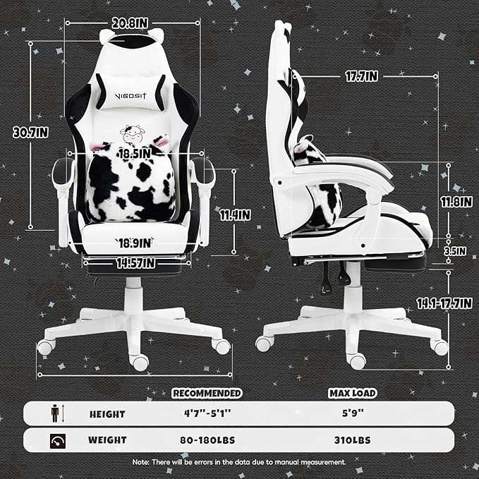 Cute Gaming Chair with Footrest - Ergonomic Computer Chair Cow Print Design High Back PU Leather Office Chairs with Lumbar Support for Adults