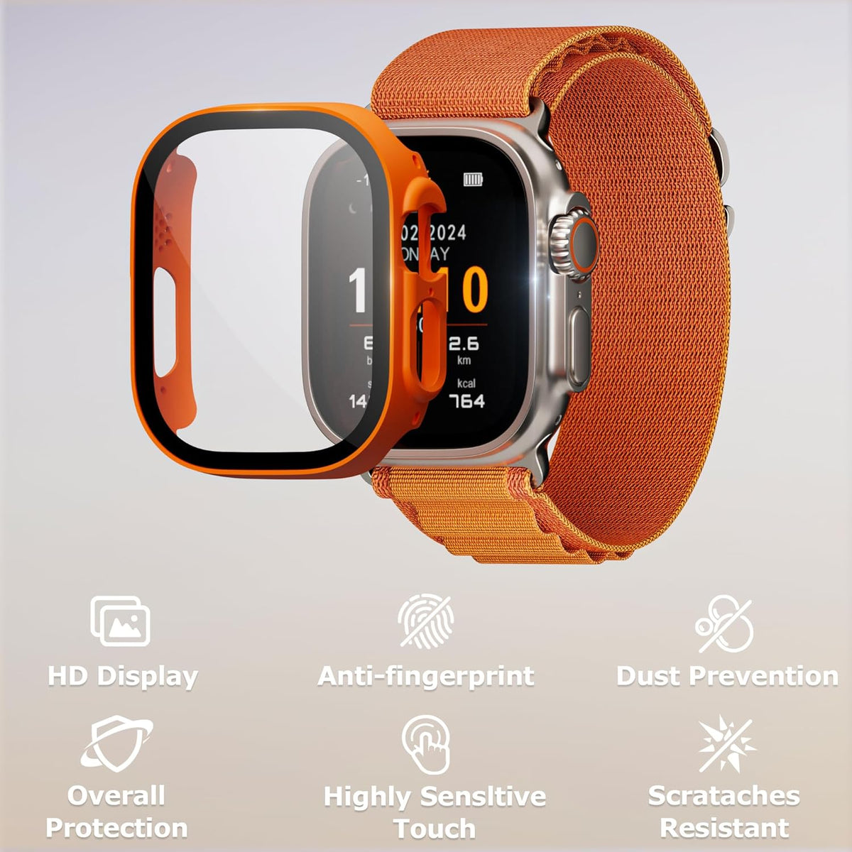 Apple Watch Ultra/Ultra 2 Bumper Case with Built-in Screen Protector, [2 Pack] Hard PC Shockproof Cover, Orange