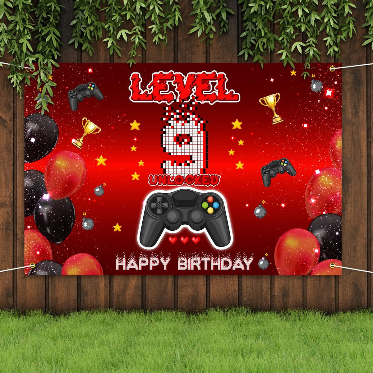 Level 9 Unlocked Backdrop Banner Decorations for Video Game Happy 9th Birthday for Boys Kids