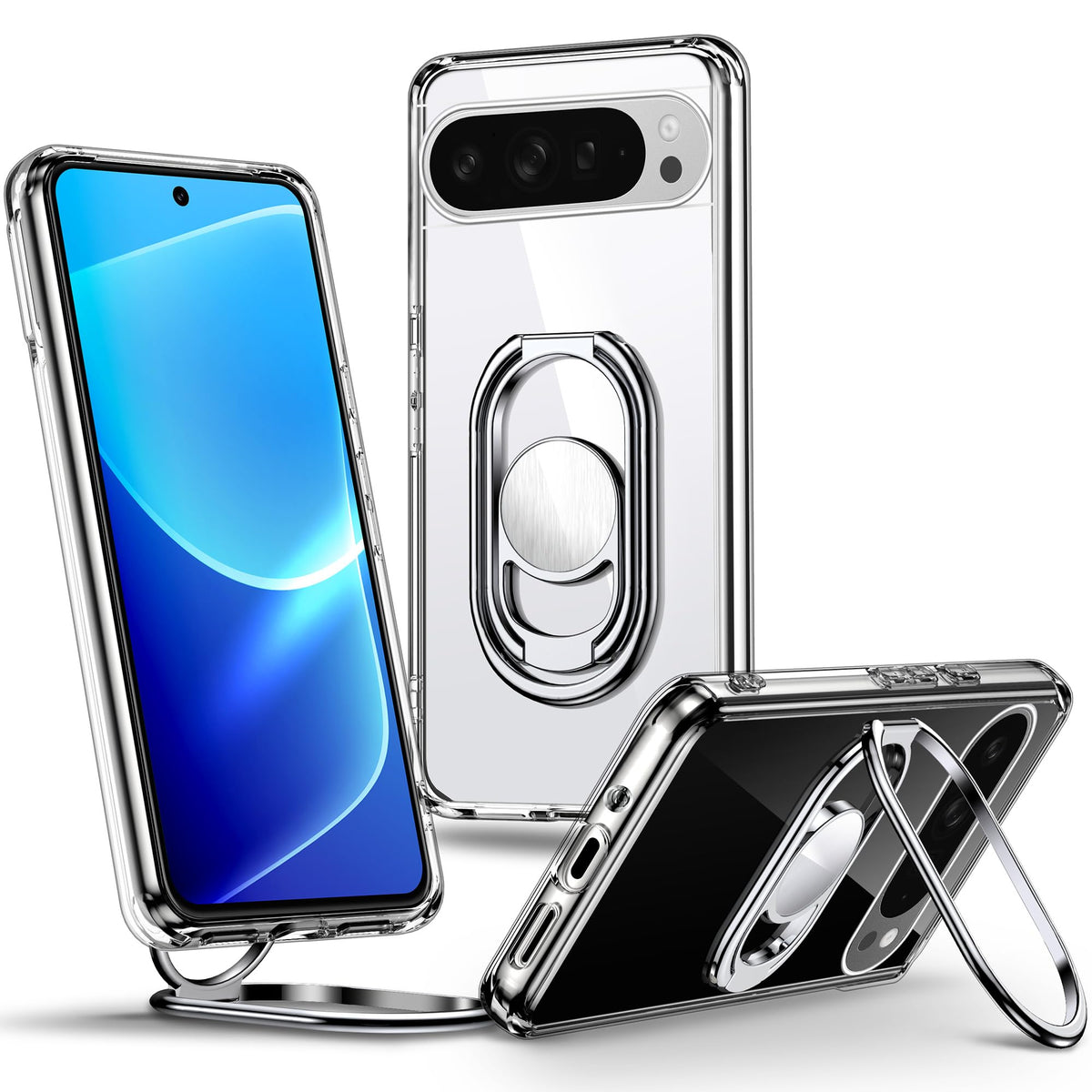 Shields Up Case For Google Pixel 9 Pro Xl With Stand, Clear With Double Ring Holder [Adjustable & Foldable] Shockproof Protectiv
