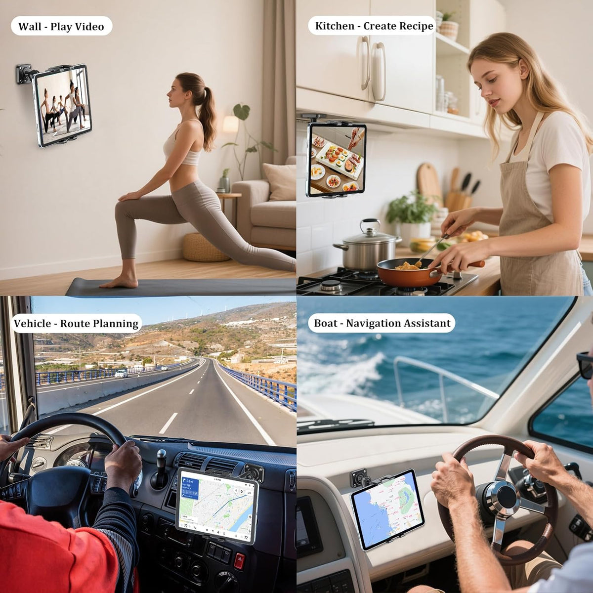 PLDHPRO Tablet Wall Mount Holder with Drill Base, Adjustable iPad Wall Mounted Stand Compatible with 5.1'' - 15.6'' Phones Tablets for Truck Dashboard Desk Kitchen Cabinet