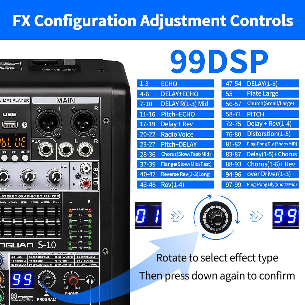 S-10 Audio Mixer 10 channel 8 channel Professional DJ Mixing Console with Reverb MP3 Player Bluetooth 48V Phantom Power Supply USB Recording for Studio Karaoke Live Music