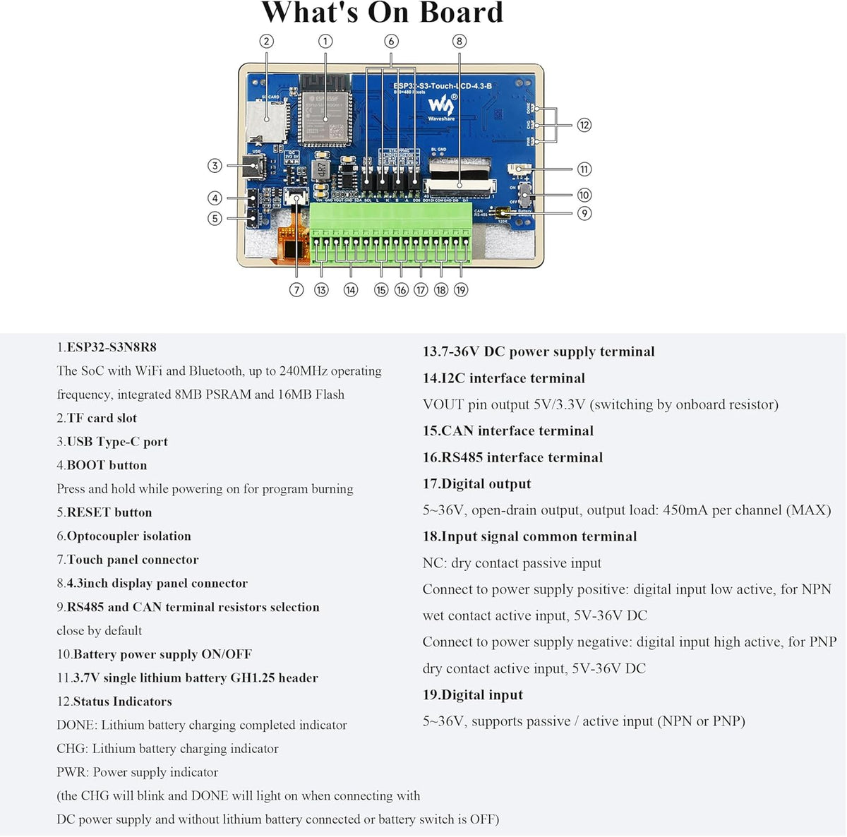 ESP32-S3 4.3inch Touch Screen Development Board, Capacitive IPS Display 800x480, Support 2.4GHz Wi-Fi and Bluetooth 5
