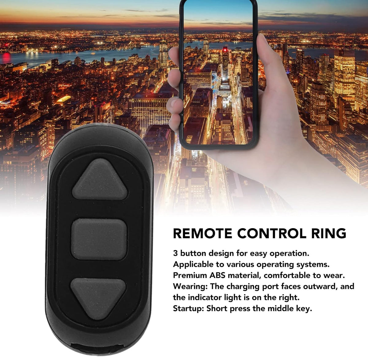 Bluetooth Remote Control Page Turner, Phone Remote Control Ring for iOS, Android, Click Like Selfie Device (Black)