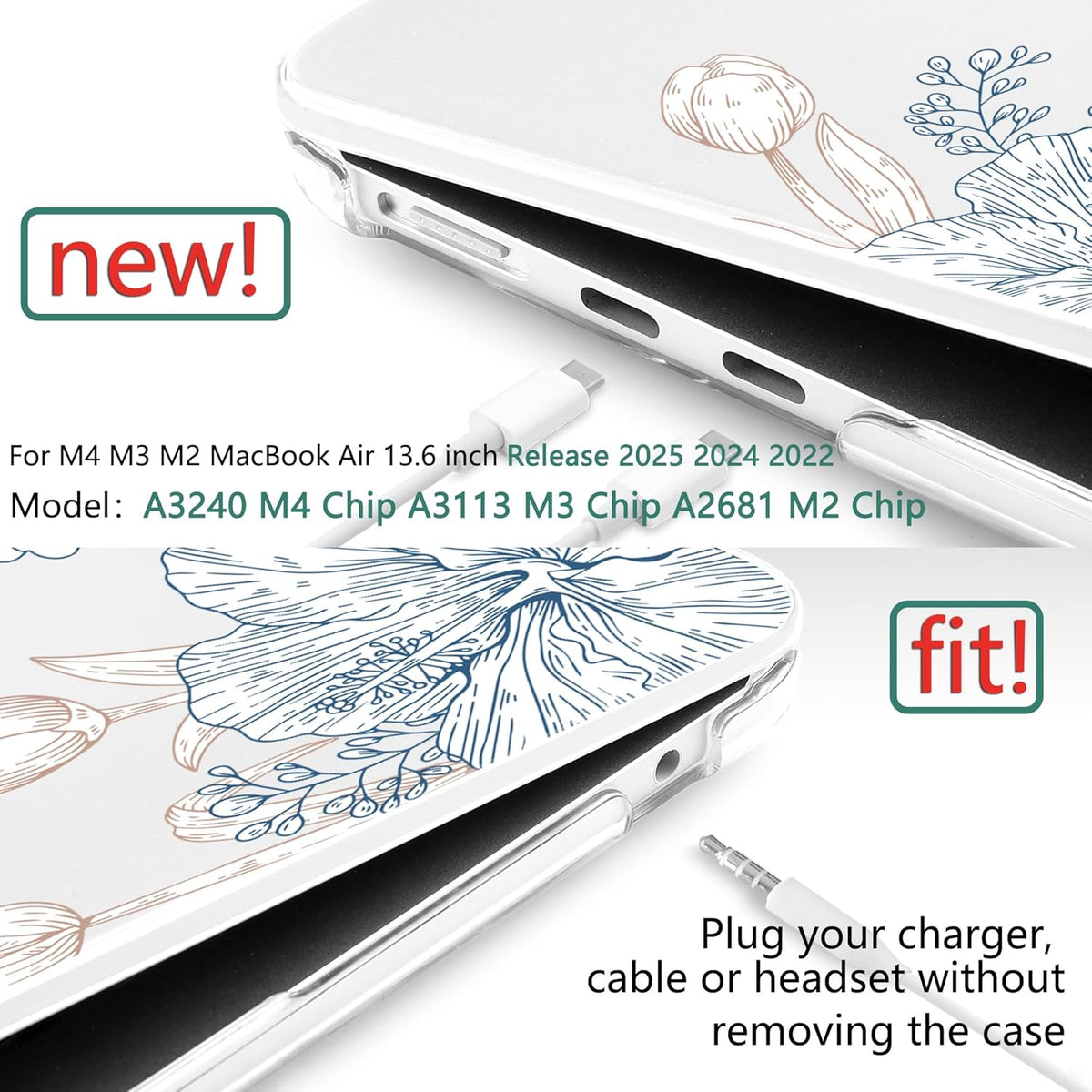 TWOLSKOO Compatible with M4 MacBook Air 13.6 inch Case 2025-2022 Release M4 A3240 M3 A3113 M2 A2681, Plastic Hard Shell & Keyboard Cover & Type C Adapter & Screen Protector, Engraved Sketch2