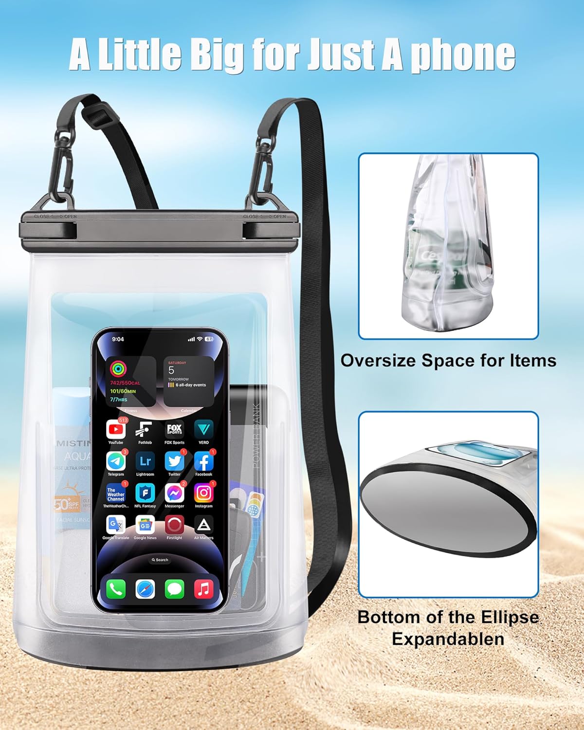 2L Waterproof Phone Pouch for iPhone 16 15 14 11 Pro Max & Galaxy S24 S21 - Floating Large Capacity Dry Bag Stores Sunscreen, Sunglasses - Oversized Waterproof Bag for Beach, Swimming, Kayaking