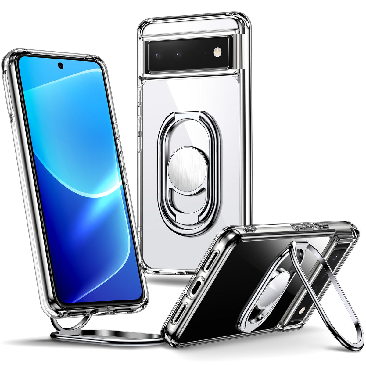 Shields Up For Google Pixel 6 Case With Stand, Pixel 6 Case Clear With Double Ring Holder [Adjustable & Foldable] Shockproof Pro