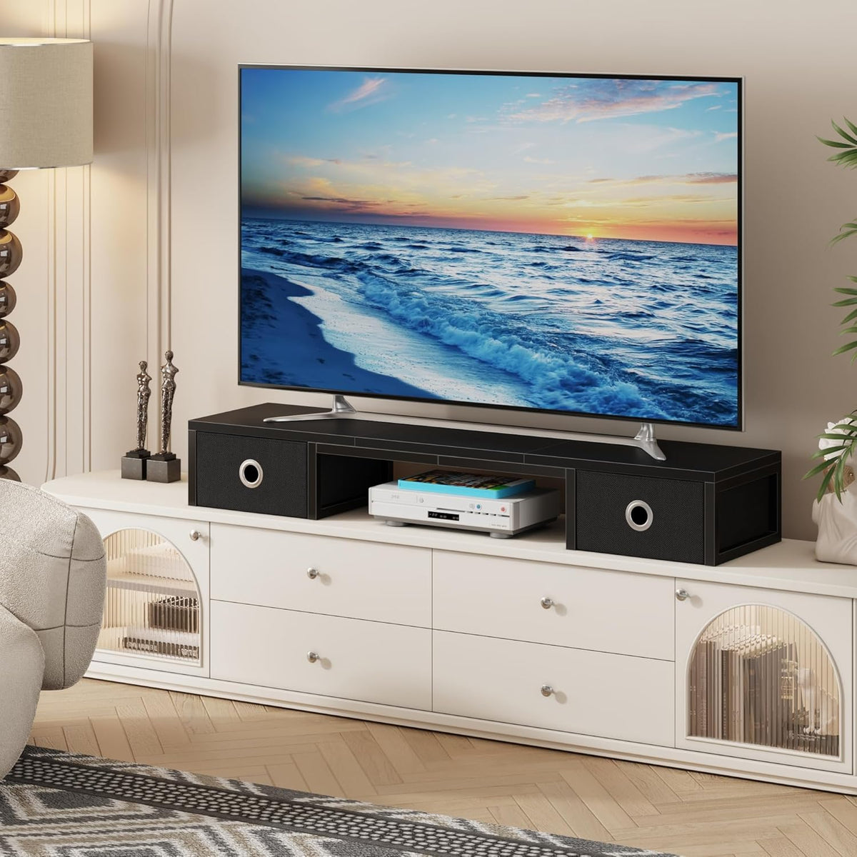 45" Large TV Riser with Fabric Drawers for 32-60 inch TV, TV Stand Riser with Steel Legs, Tabletop TV Riser Shelf, Monitor Stand Riser for Home Office, Black