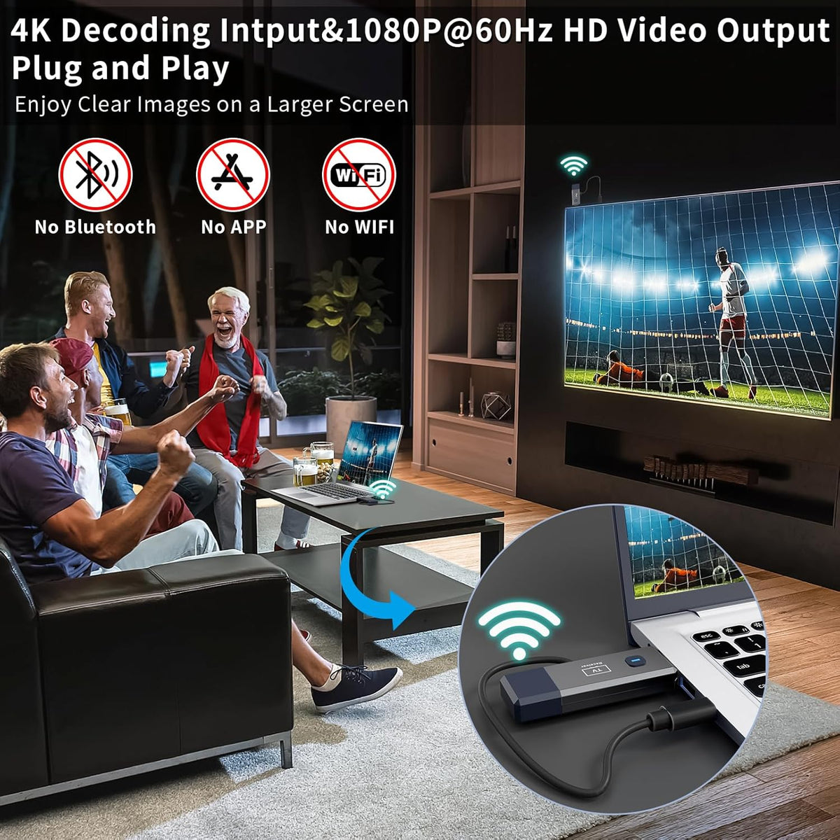 Wireless HDMI Transmitter and Receiver, 165ft/50m Wireless HDMI for 4K Decode Input 1080P Output, Plug&Play Portable 2.4G/5.8G for Video and Audio to Monitor from PC/Projector/TV Box