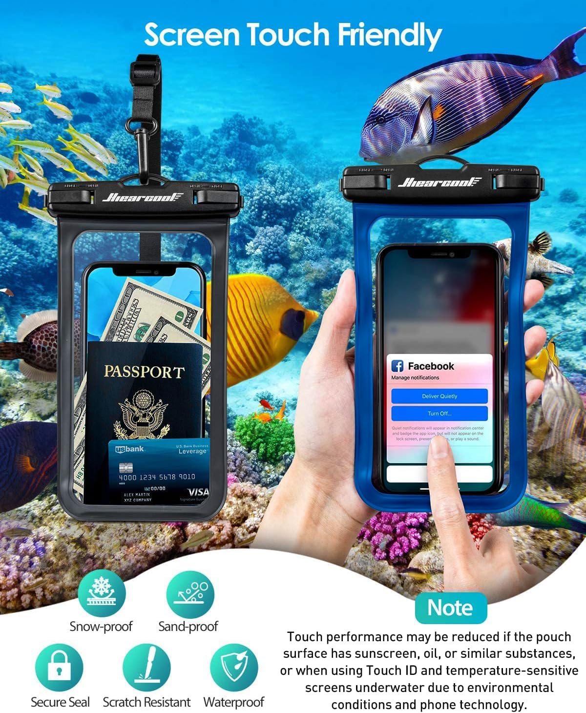 Hiearcool Waterproof Phone Pouch,Universal Waterproof Phone Case Dry Bag Travel Essentials for iPhone, Beach Accessories for Vacation Must Haves - Black&Navy-2 Pack