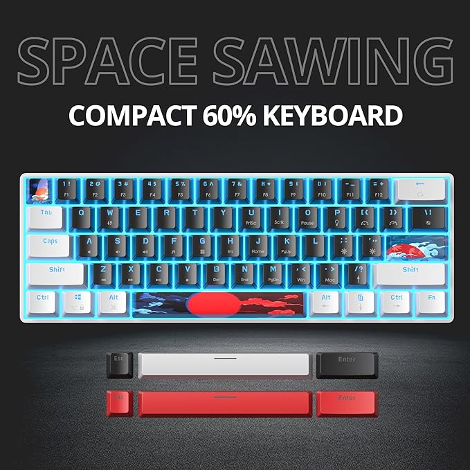 Protable 60% Percent Gaming Keyboard Mechanical Mini Compact Ice-Blue LED Backlit 61 Keys Wired Office Keyboard with Red Switch for Mac/Win/PS4/PS5(61Black/red Switch)