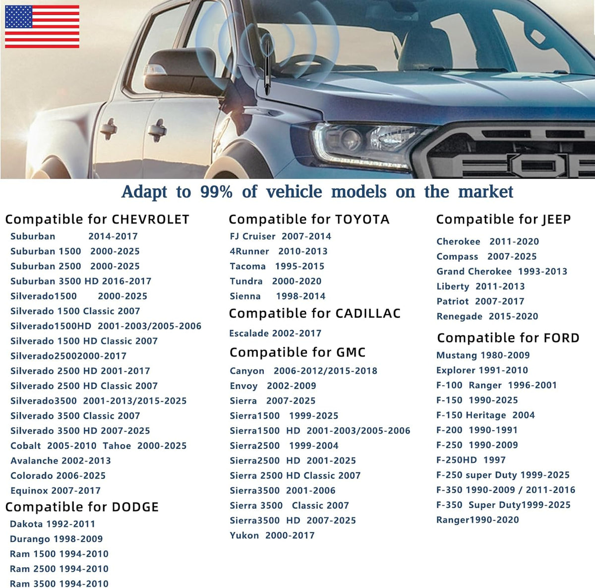 HVSTTPK 1500 2500 3500 F150 F250 F350 American Flag Car Truck Antenna with Valve Stem Caps, Universal Mast for GM Chevy