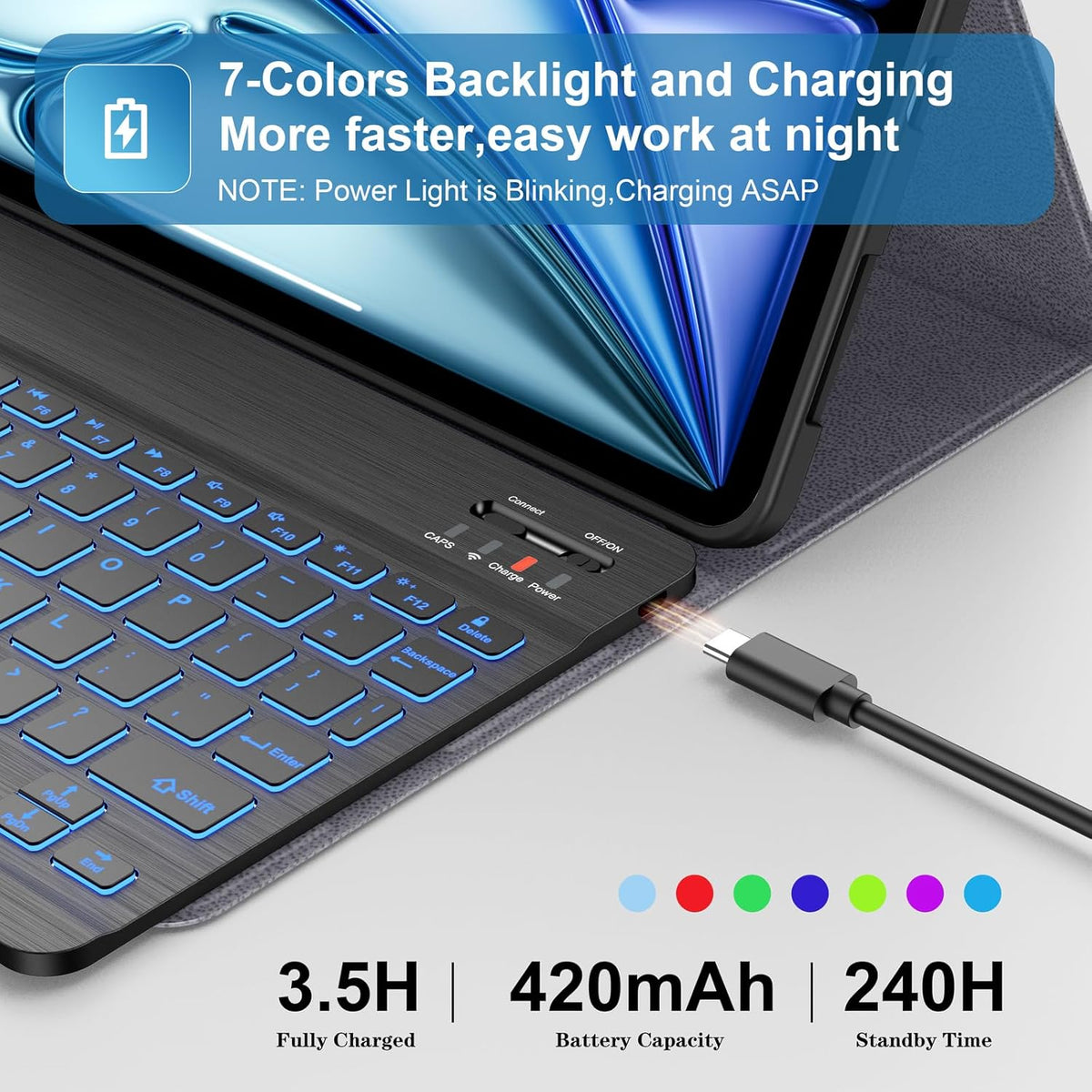 Supveco Keyboard Case for iPad Air 11 Inch (M3 2025,M2 2024),iPad Air 5th/4th Generation with Pencil Holder-7 Colors Backlit Wireless Detachable Folio Keyboard Cover with Soft TPU Back-Black