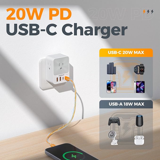 TESSAN USB C Charger Block 20W PD, 4 USB Wall Charger Fast Charging