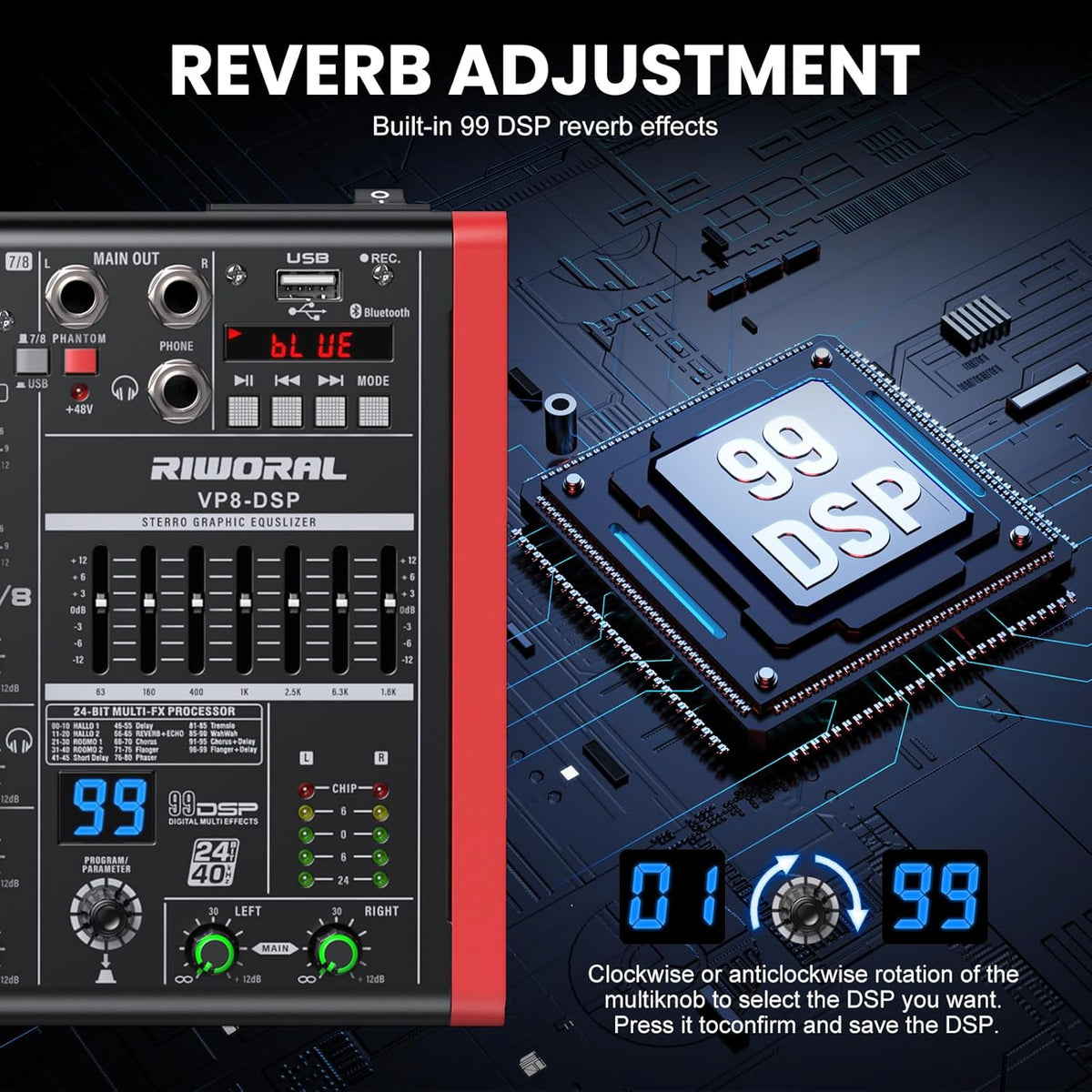 8 Channel Audio Interface Sound Board Mixing Console XLR 1/4 inch Jack USB Bluetooth Echo Delay Effect, Input 48V Phantom Power Stereo DJ Mixers for Podcasting