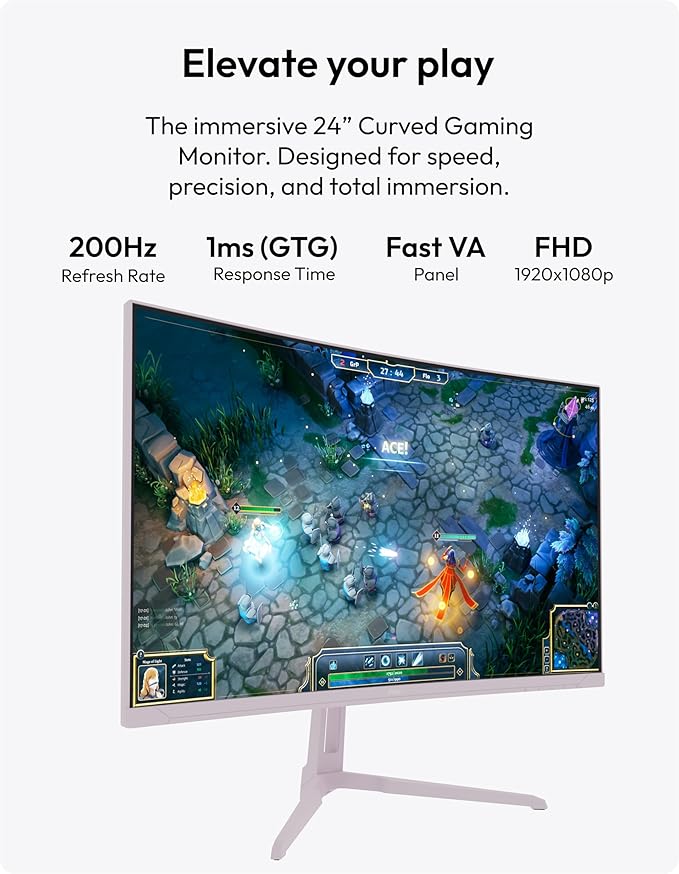 Pixio PXC248WAVE Pink 24 inch 200Hz Refresh Rate FHD 1080p Resolution 1500R Curve Fast VA Panel 1ms GTG Response Time HDR Curved Gaming Monitor and PS1S Wave Pink Single Monitor Arm - Fits up to 32 in