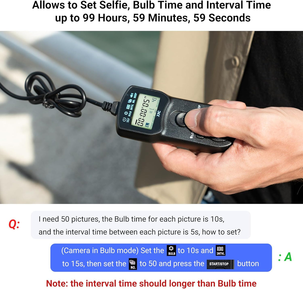 JJC Intervalometer Timer Remote Shutter Release Time Laspe for Fuji Fujifilm X-T5 X-T4 X-T3 X-T30 II X-T20 X-T10 X-H2 X-H2S X100VI X100V X100F X100T GFX100SII GFX100 GFX 50R 50S X-PRO3 X-T100 & More