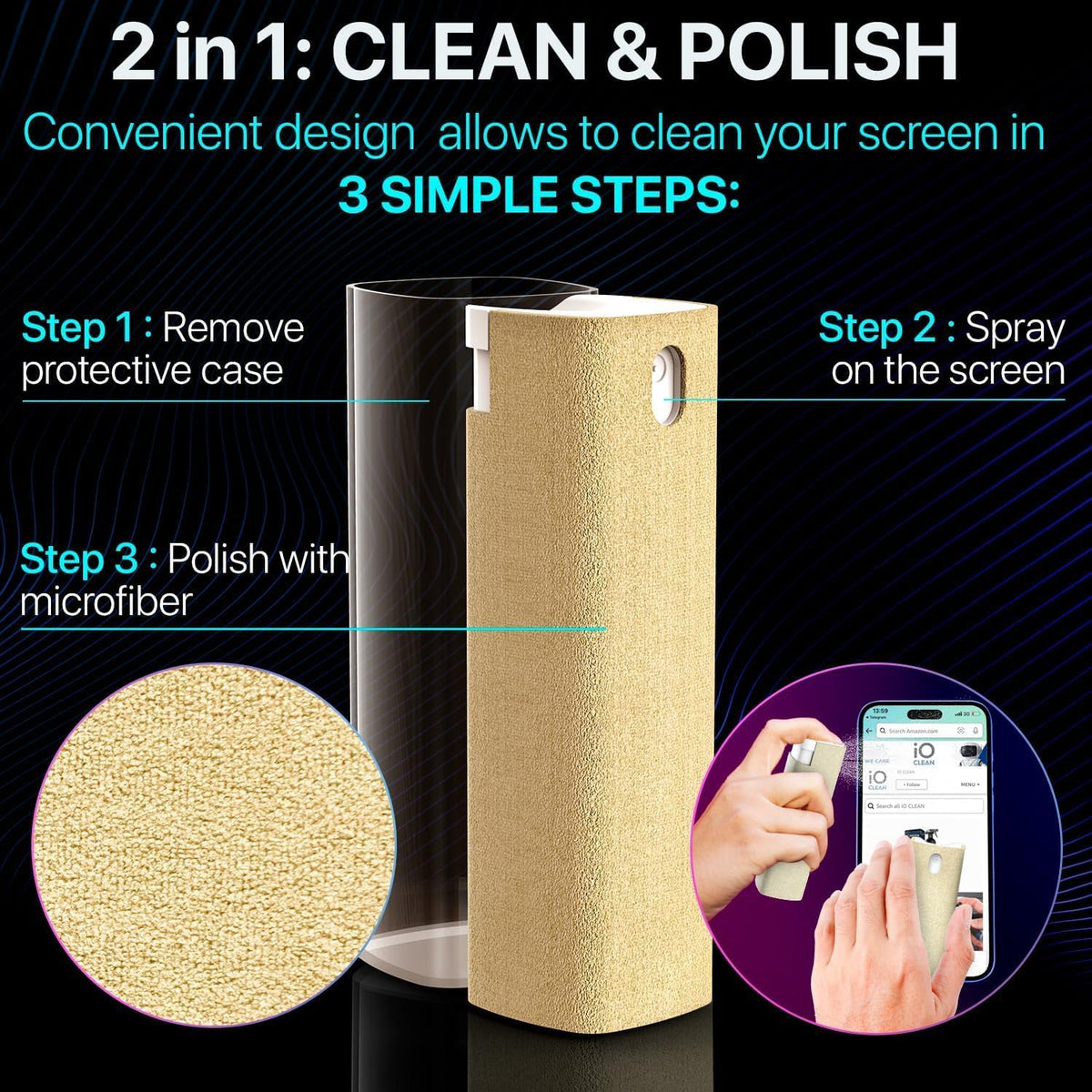 Mini Screen Cleaner Spray – Finger Proof Screen Cleaner for Smartphones, iPads, MacBooks, Laptops, Car Screens, Touchscreens – 3in1 Mist Cleaner, Microfiber Cloth and Protective Cover -Yellow