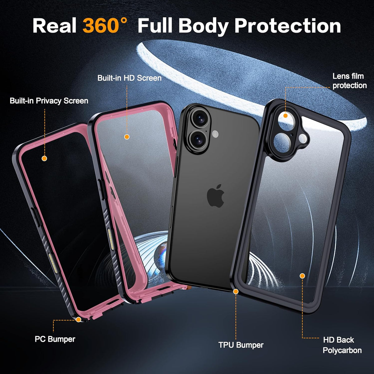 for iPhone 16 Case Waterproof, Built-in Privacy Screen & HD Screen Double Front Frame [IP68 Underwater] Shockproof Dustproof Full Body Protection iPhone 16 Phone Case Pink