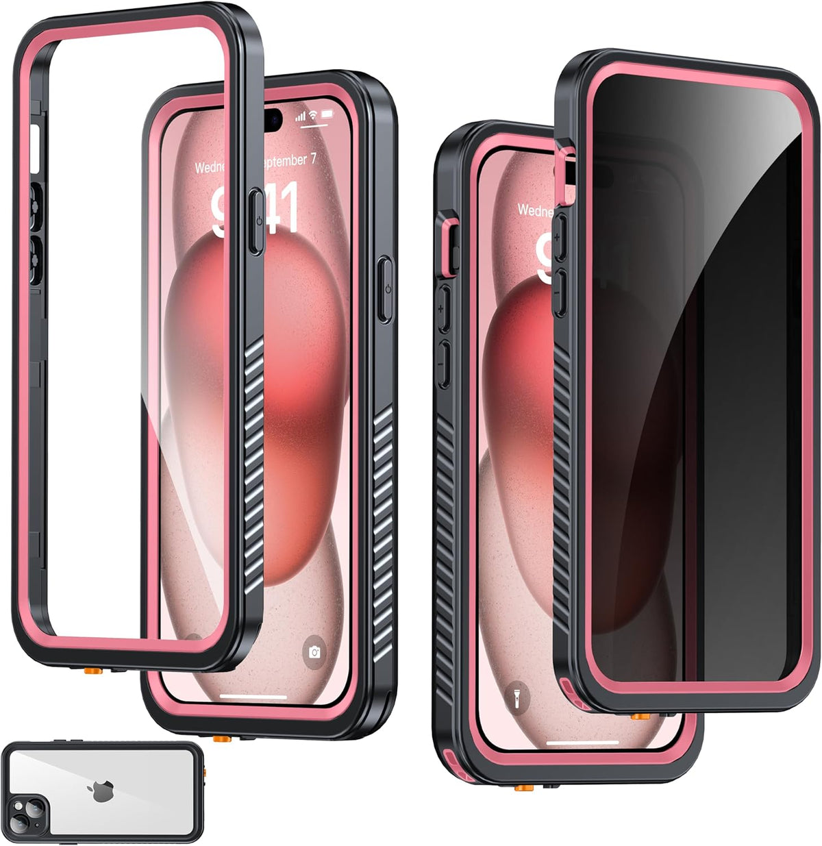 for iPhone 15 Plus Case Waterproof - Built-in Privacy Screen Protector & HD Screen Protector [IP68 Underwater] Shockproof Dustproof Full Body Protection iPhone 15 Plus Phone Case Pink