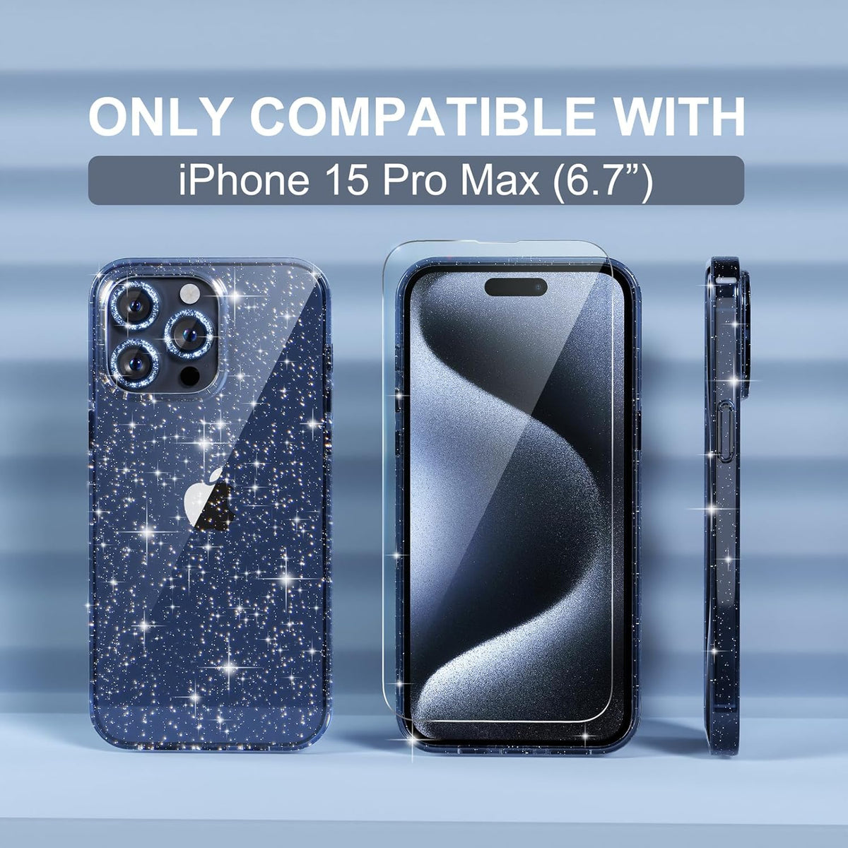 Choiche iPhone 15 Pro Max Case - Cute Clear Glitter Bling, 6.7" (Glitter Blue) + 3 Diamond Lens Protectors & 2 Glass