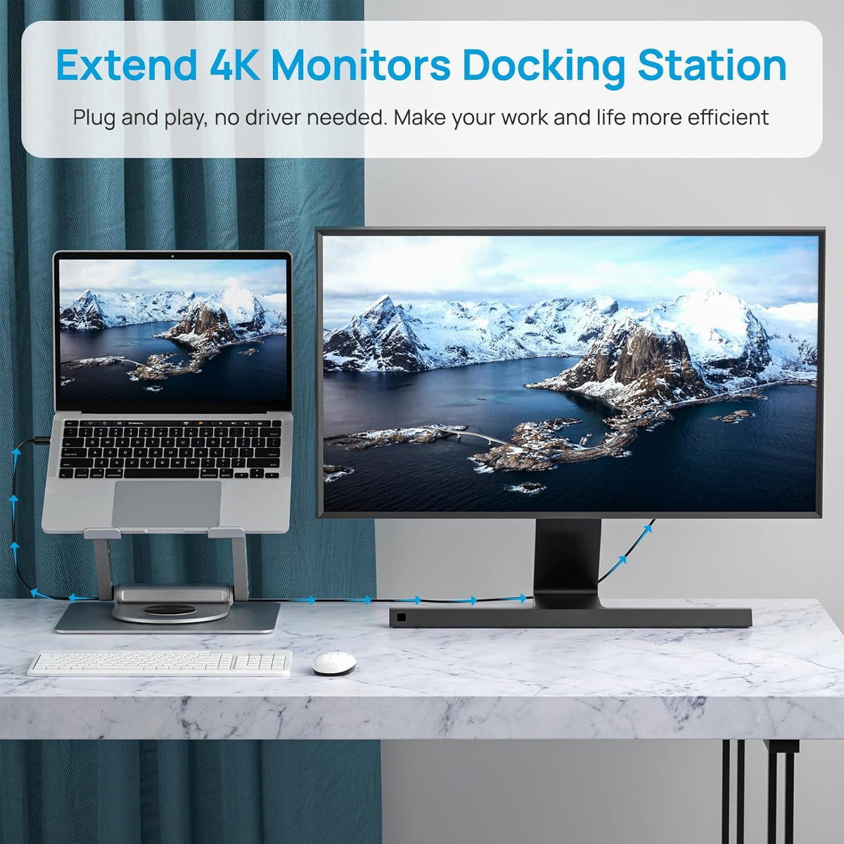 Adjustable Laptop Stand with 360 Rotating Base & USB Docking Station for MacBookPro/Air/Dell/HP/Lenovo, Portable Ergonomic Laptop Riser for Desk with USB Hub 100W PD/4K HDMI/Usb3.0/1000Mbps Ethernet